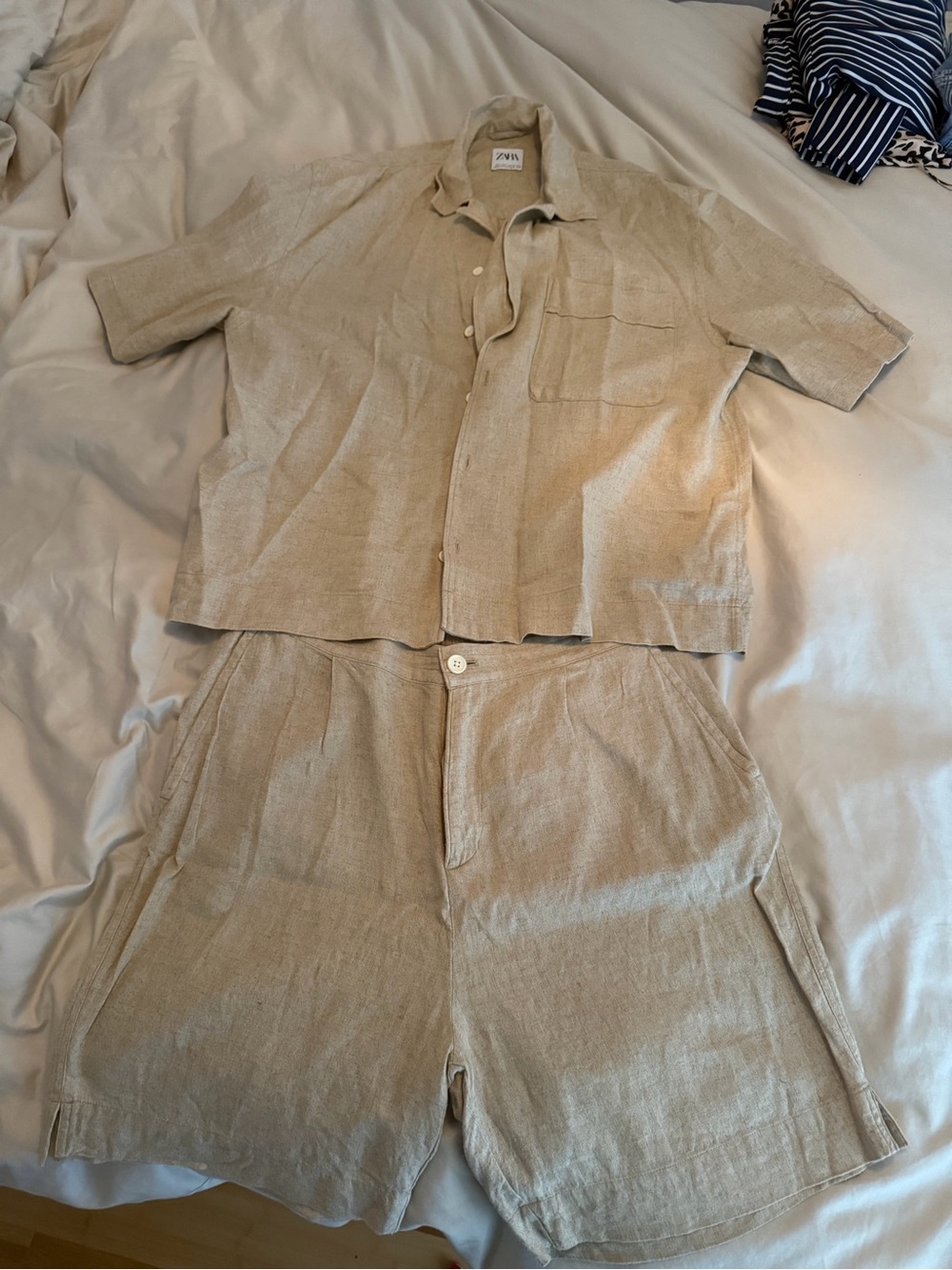 Zara Light Beige Linen Two-Piece Shirt & Shorts Set